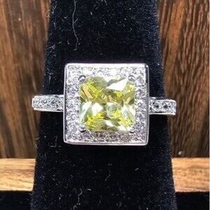 Silver Tone Yellow CZ Square Princess Cut Halo Ring, Size: 5.5
